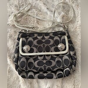 Coach Poppy Signature Pleated Crossbody Bag in Black/Grey Metallic Silver